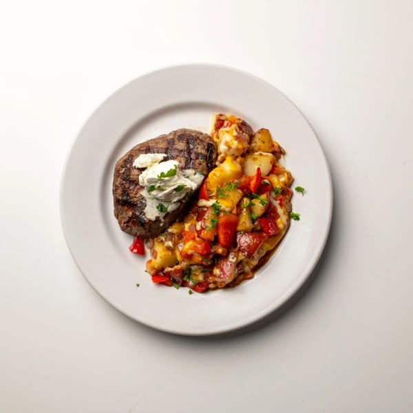 Grilled steak topped with white cheese and parsley, served with roasted potatoes and red peppers.